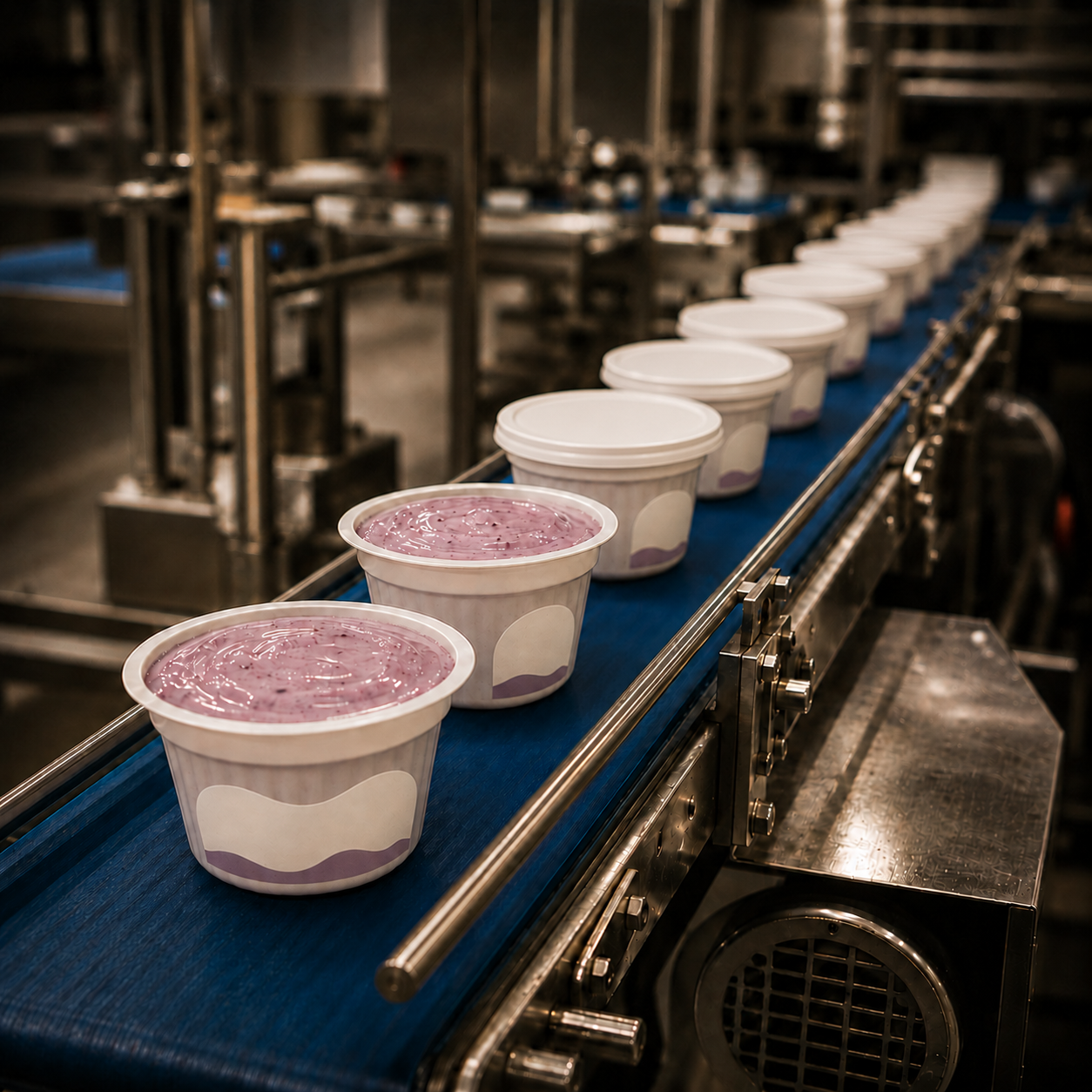 Row of white containers with pink substance on a conveyor belt in a factory setting