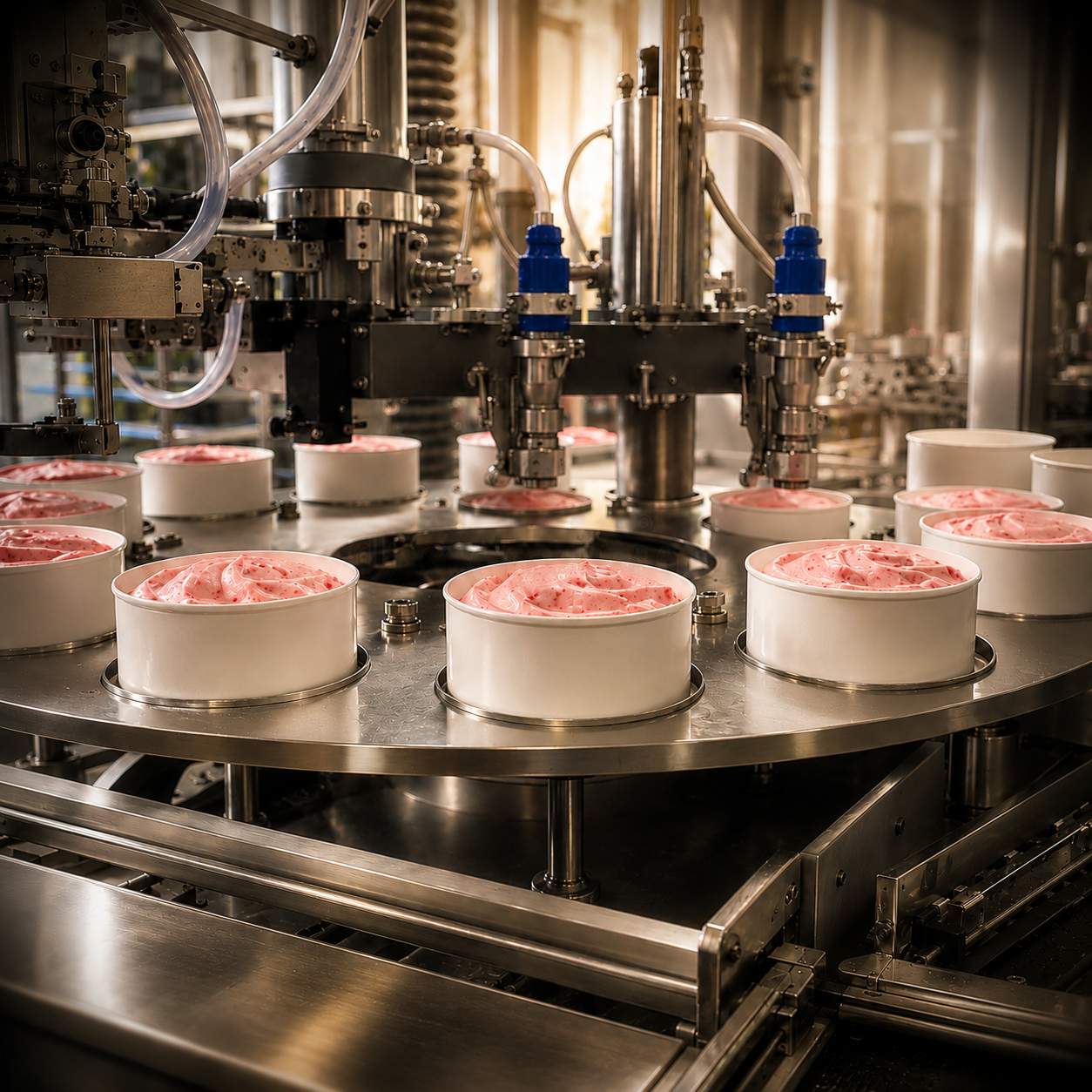 Automated production line with pink cylindrical products in a factory setting