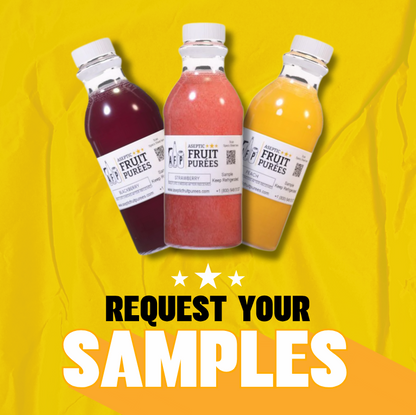 Three bottles of Fruit Purees juice by Fresh Fruit Company are shown against a bright yellow background with the text 'REQUEST YOUR SAMPLES' below them. The bottles contain dark red, pink, and orange juices.