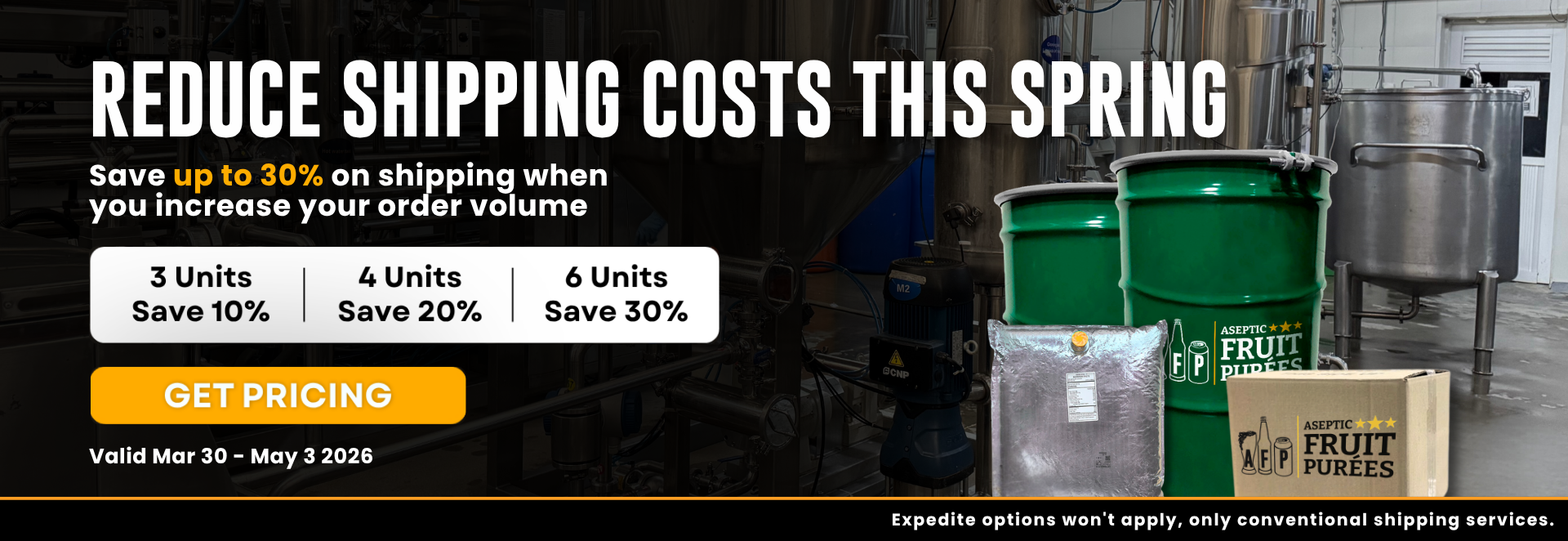 Promotional banner for reducing shipping costs with a warehouse background