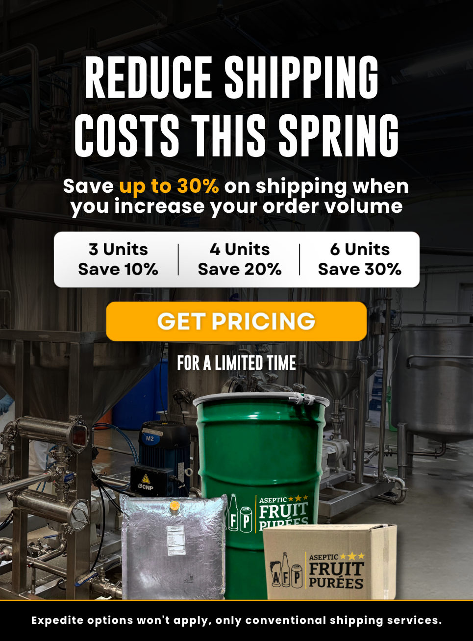 Promotional graphic for reducing shipping costs with a warehouse background