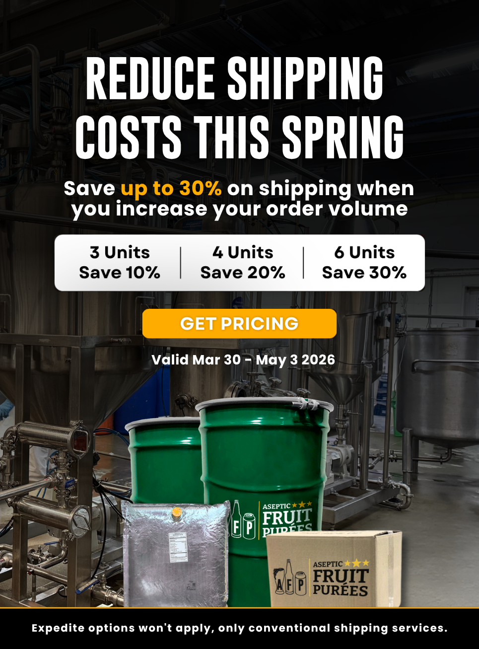 Promotional graphic for reducing shipping costs with green barrels and boxes in a warehouse setting.